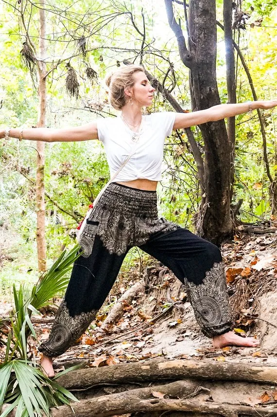 Unisex Bohemian Floral Scroll Harem Pants- Black