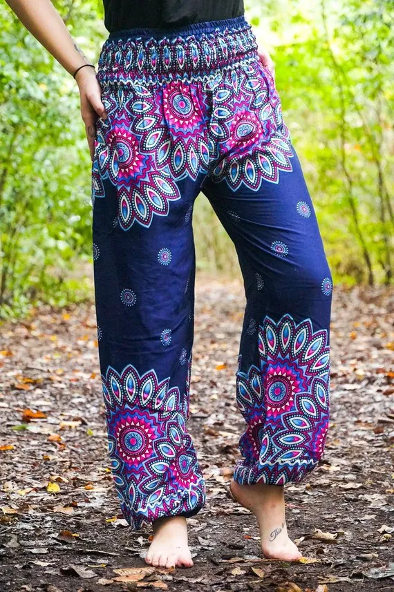 Unisex Bohemian Mandala Floral Harem Pants- Navy/Magenta