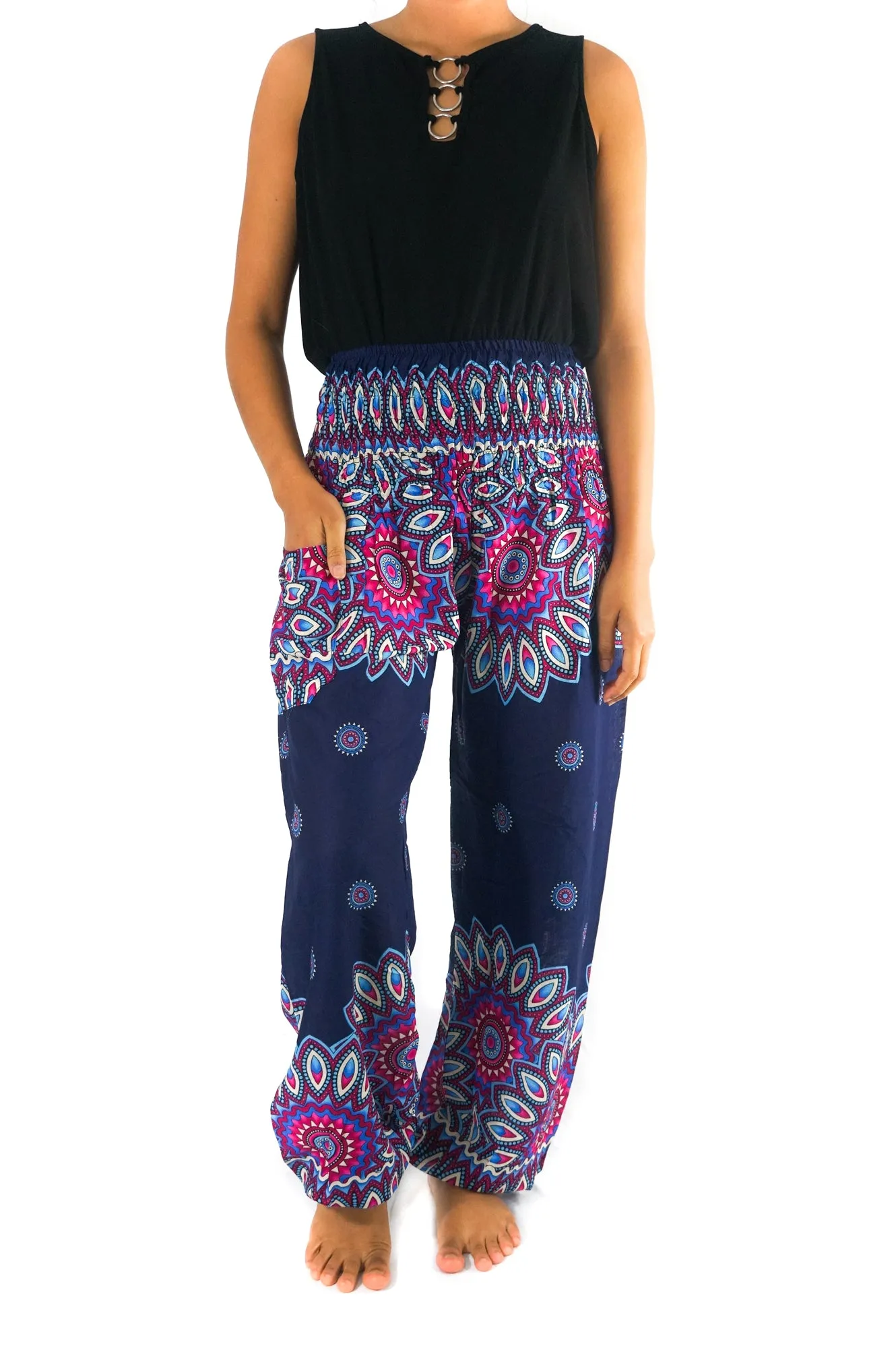 Unisex Bohemian Mandala Floral Harem Pants- Navy/Magenta