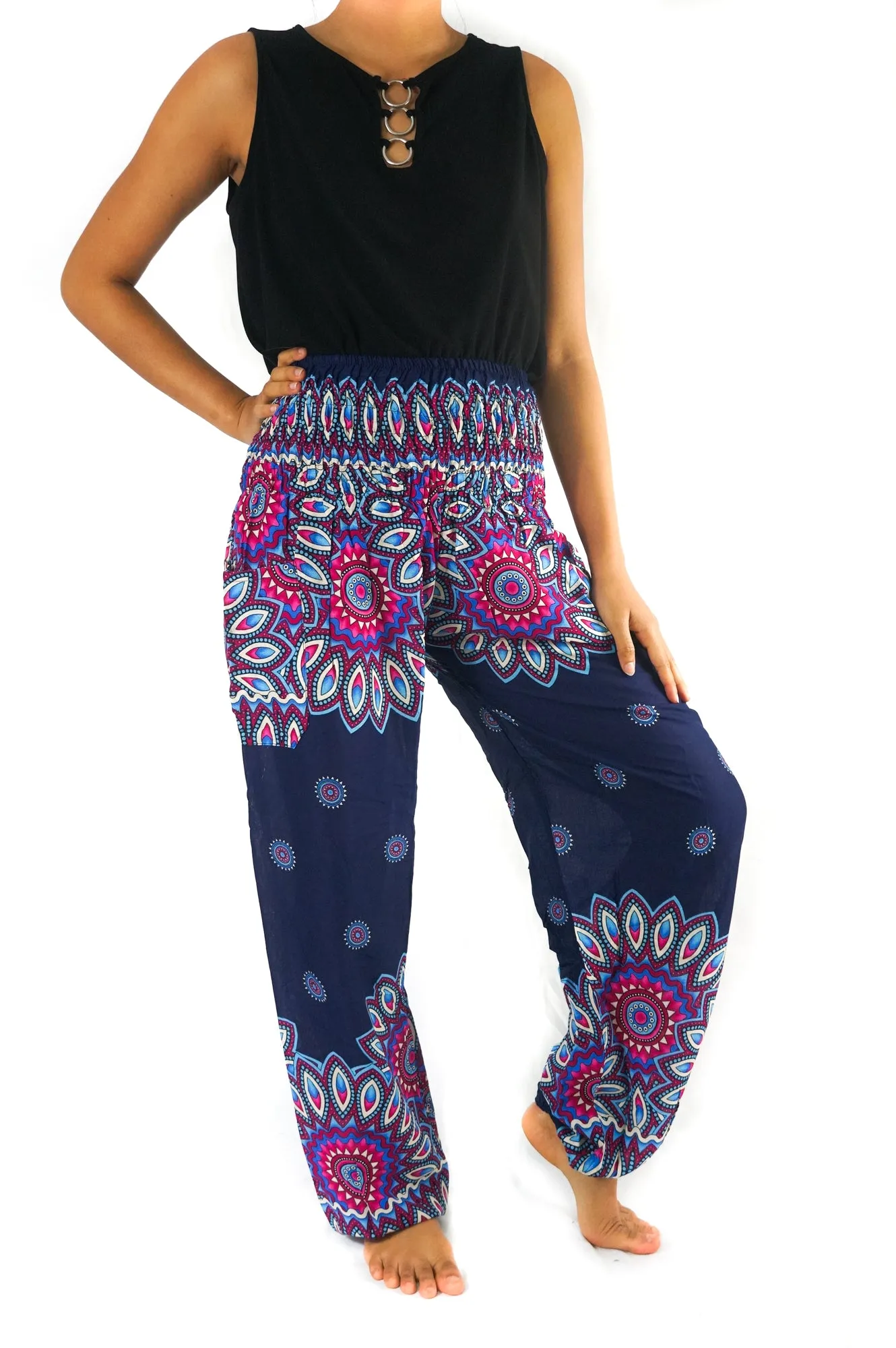 Unisex Bohemian Mandala Floral Harem Pants- Navy/Magenta