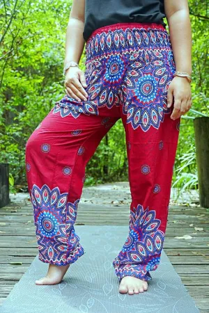 Unisex Bohemian Mandala Floral Medallion Harem Pants- Burgundy Multi