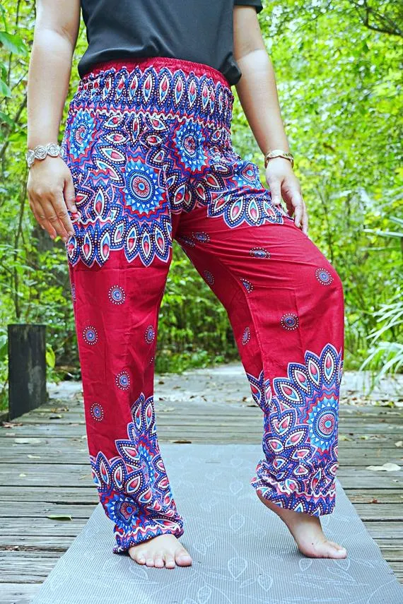 Unisex Bohemian Mandala Floral Medallion Harem Pants- Burgundy Multi