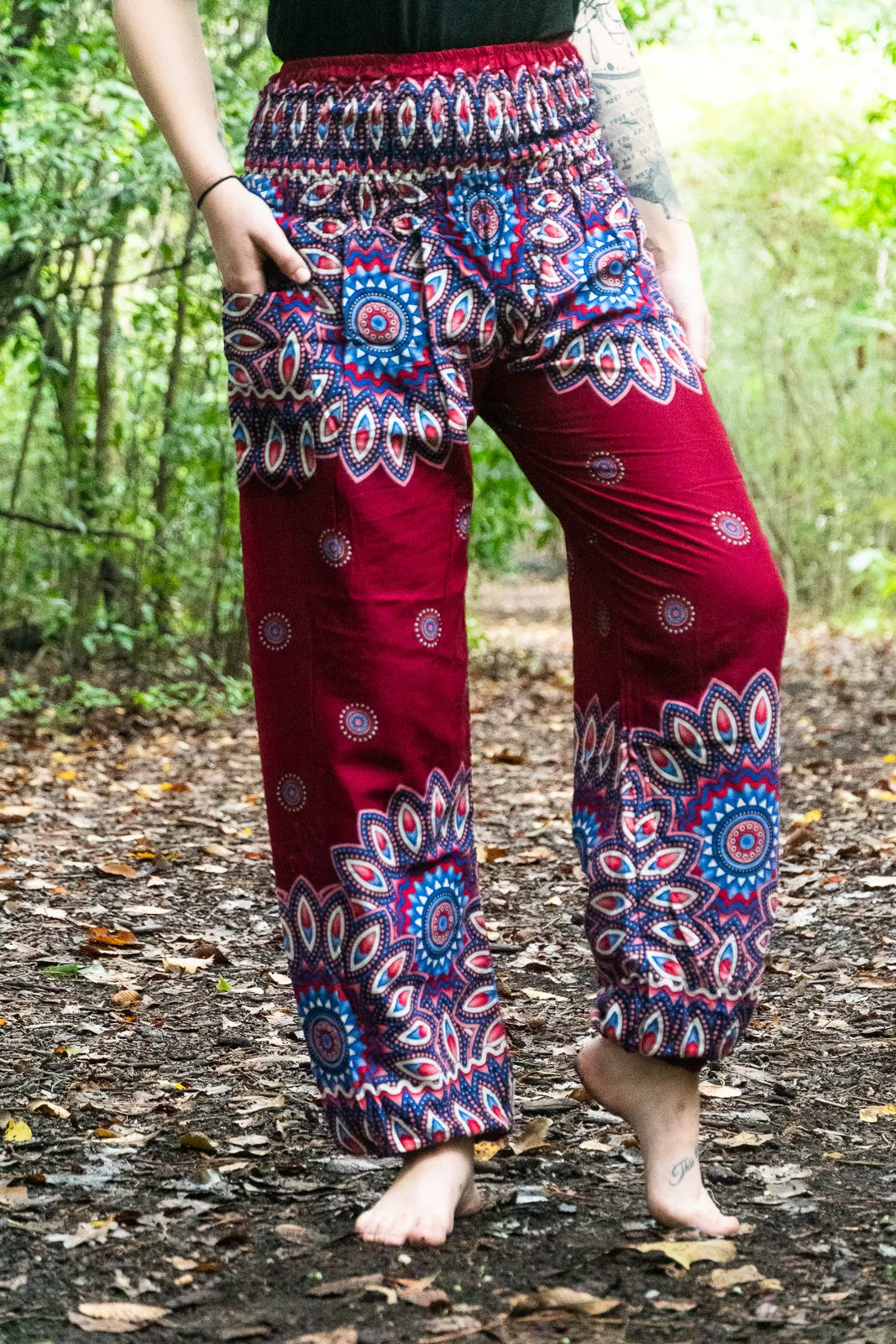 Unisex Bohemian Mandala Floral Medallion Harem Pants- Burgundy Multi