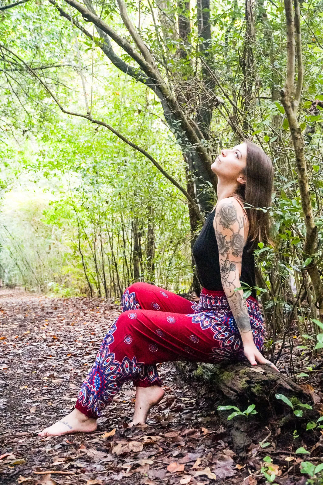 Unisex Bohemian Mandala Floral Medallion Harem Pants- Burgundy Multi