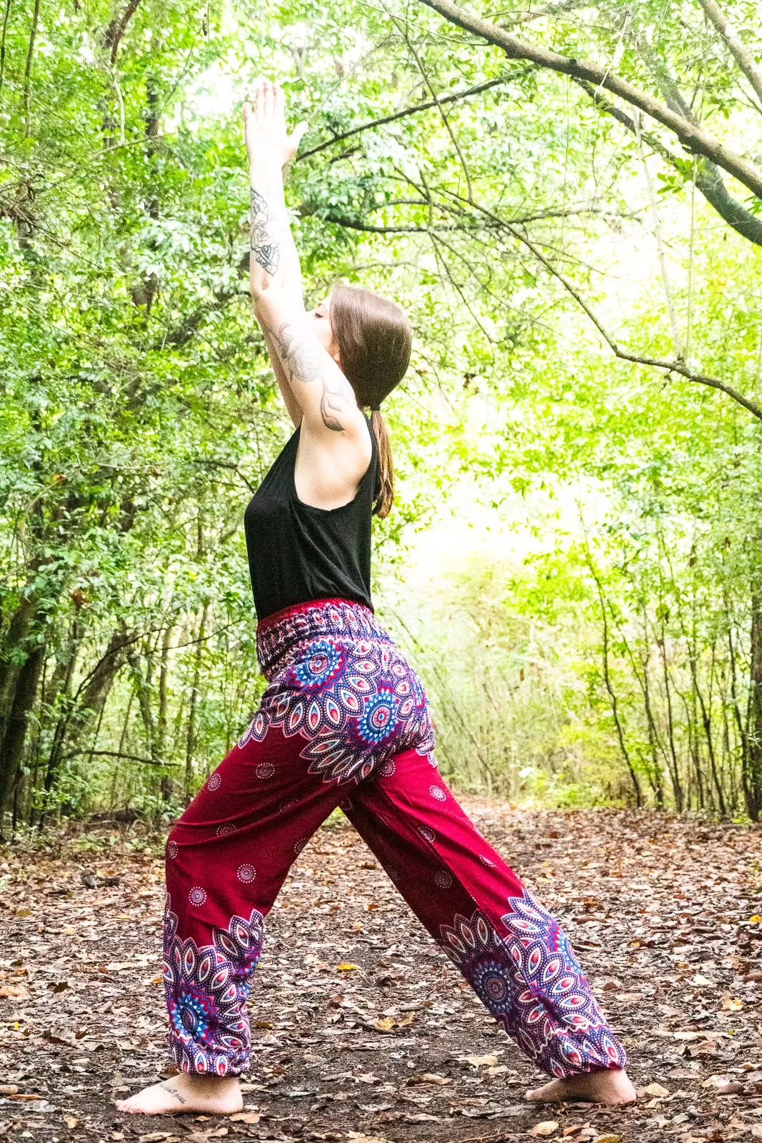 Unisex Bohemian Mandala Floral Medallion Harem Pants- Burgundy Multi