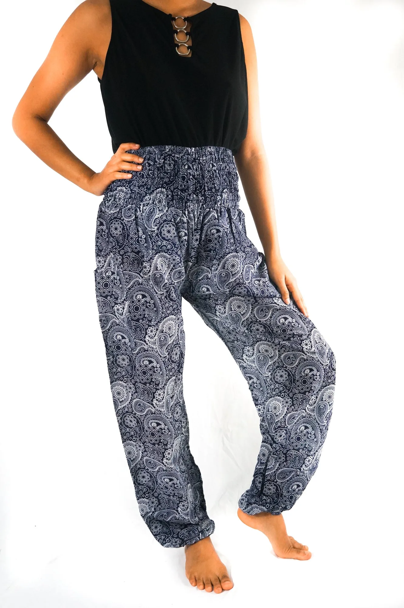 Unisex Bohemian Paisley Print Harem Pants- Black
