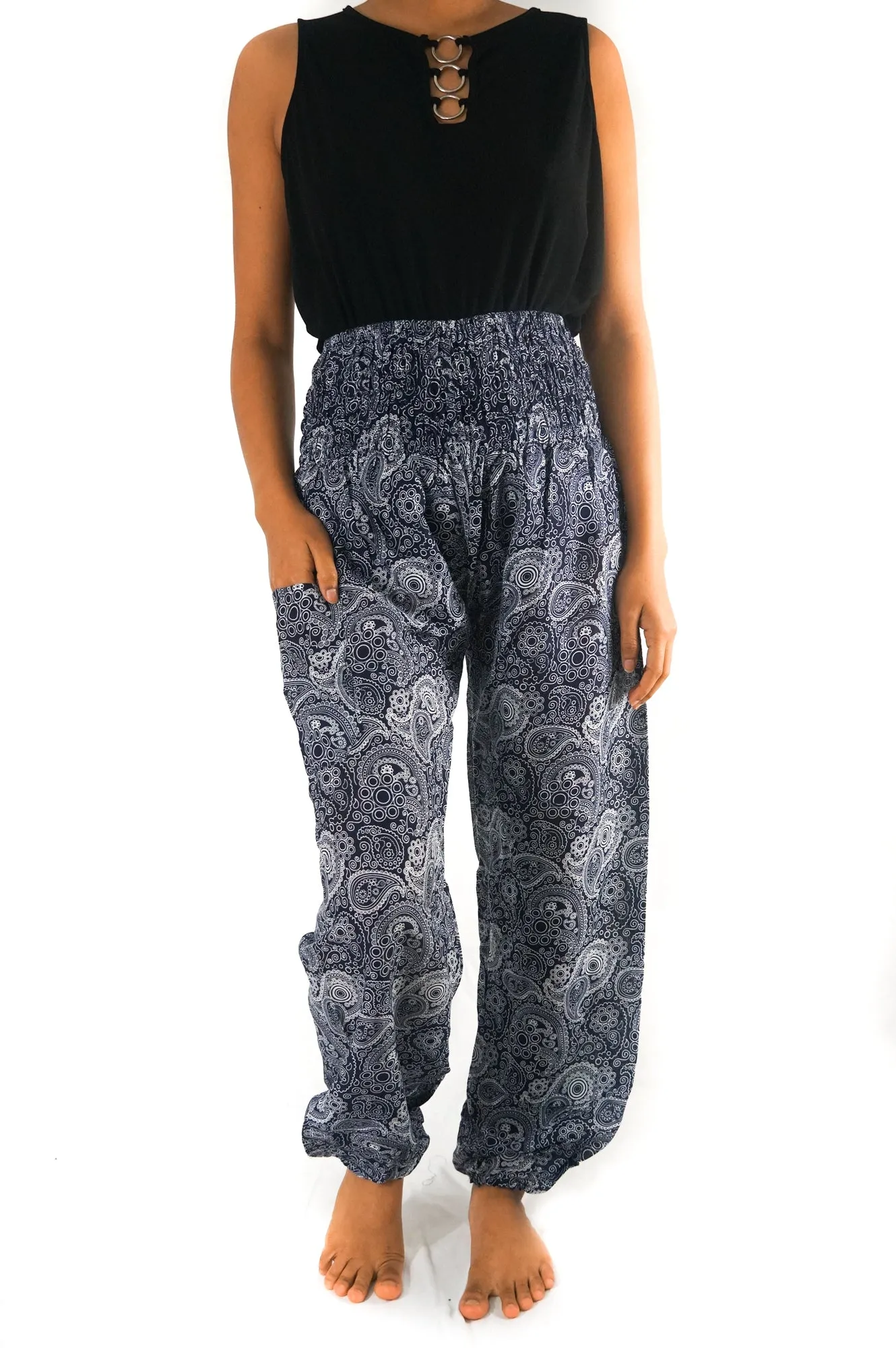 Unisex Bohemian Paisley Print Harem Pants- Black