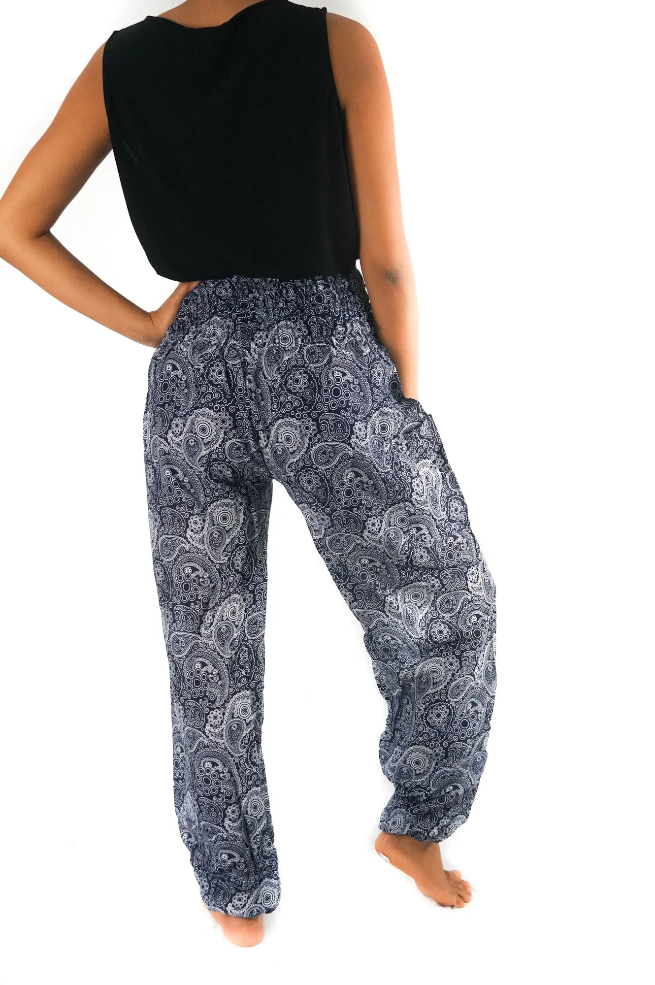 Unisex Bohemian Paisley Print Harem Pants- Black