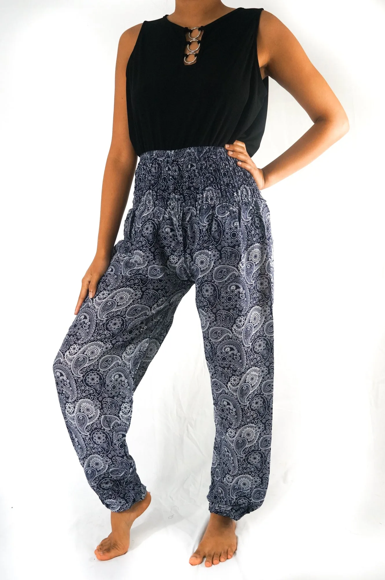 Unisex Bohemian Paisley Print Harem Pants- Black