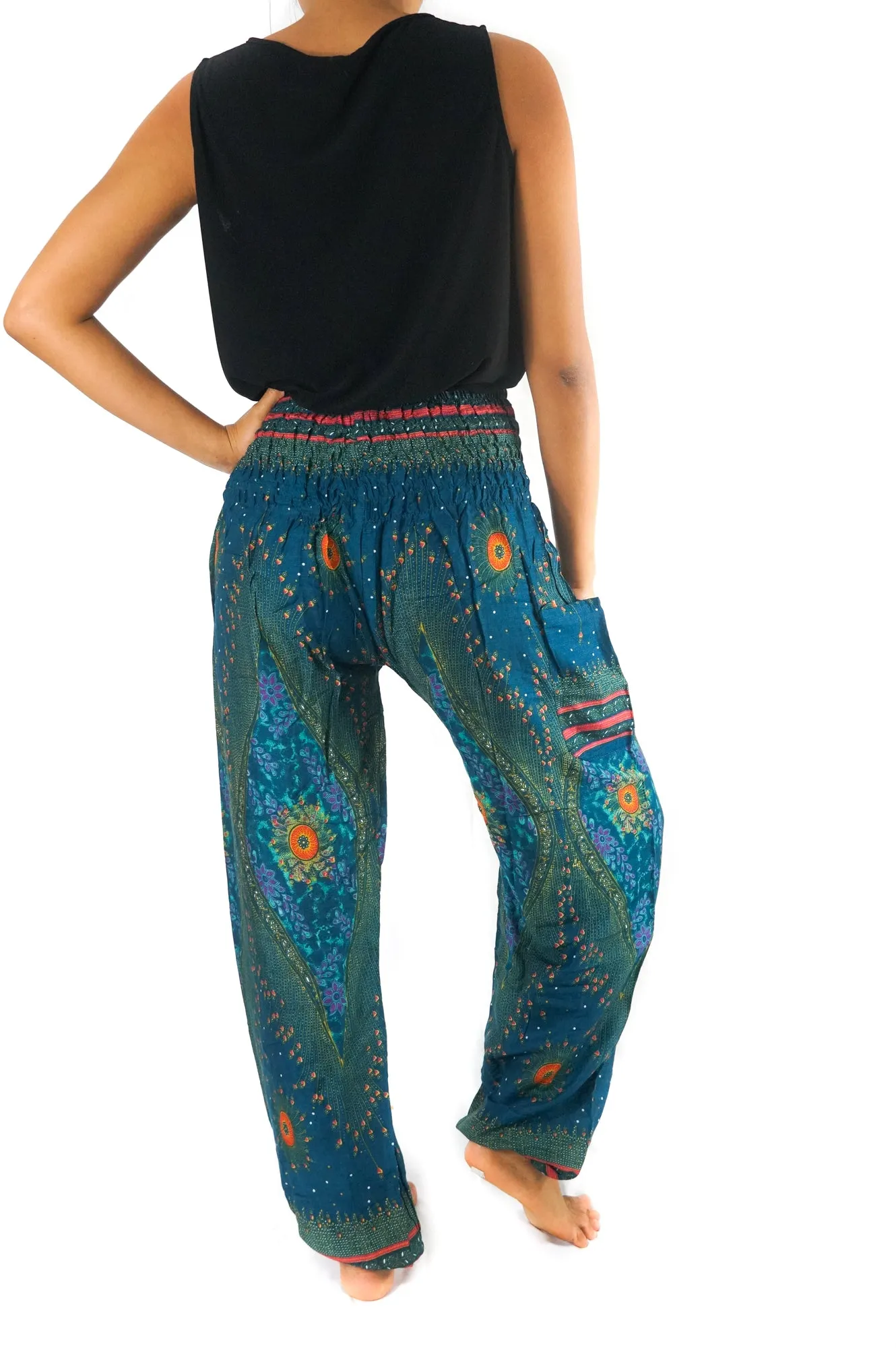 Unisex Bohemian Peacock Feather Plume Harem Pants- Teal Multi