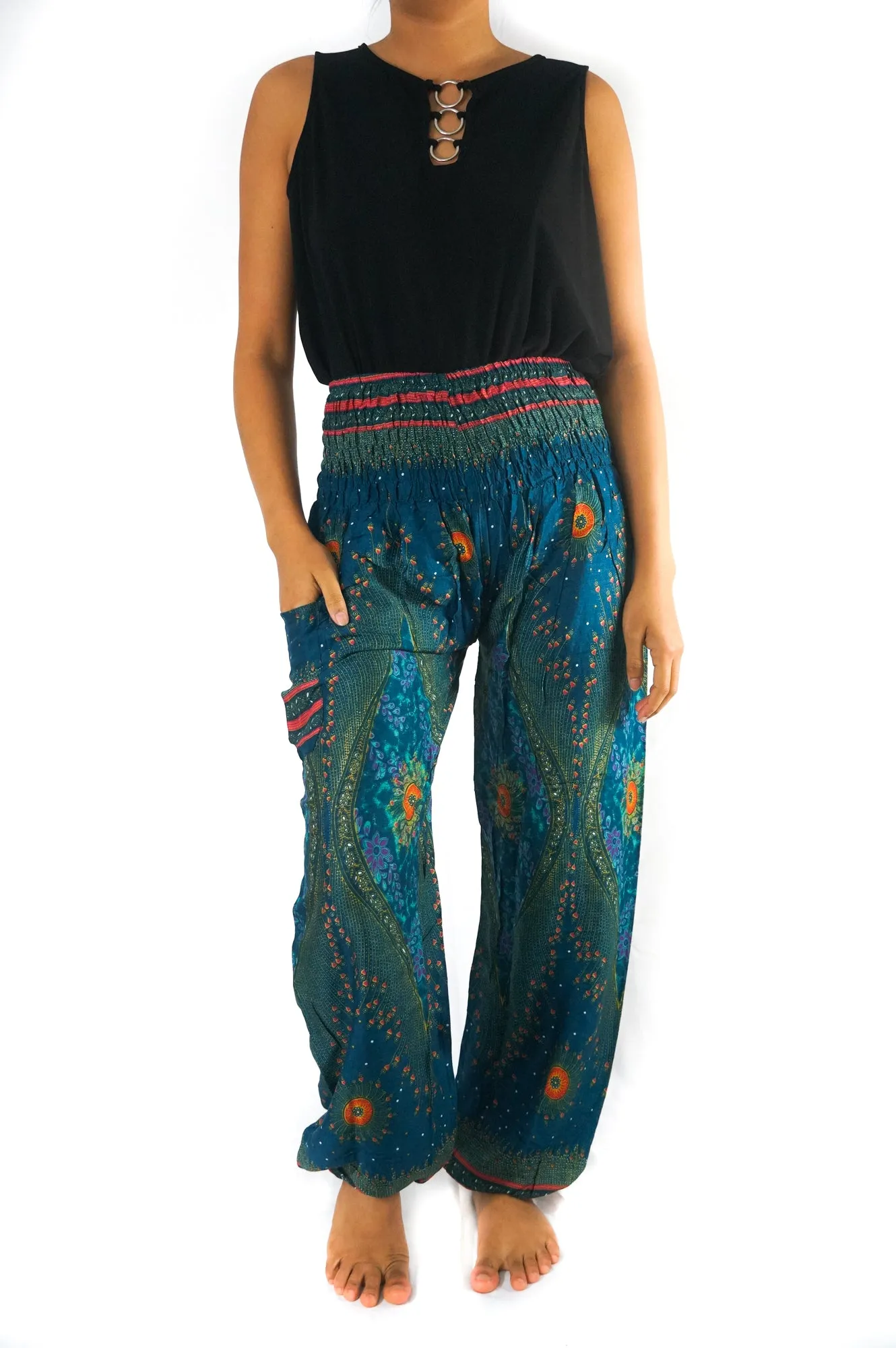 Unisex Bohemian Peacock Feather Plume Harem Pants- Teal Multi