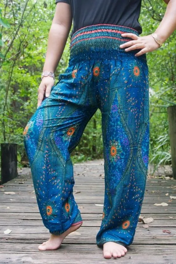 Unisex Bohemian Peacock Feather Plume Harem Pants- Teal Multi