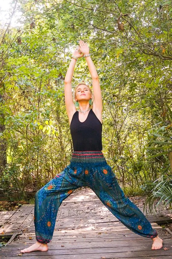 Unisex Bohemian Peacock Feather Plume Harem Pants- Teal Multi