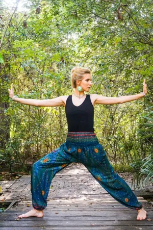 Unisex Bohemian Peacock Feather Plume Harem Pants- Teal Multi