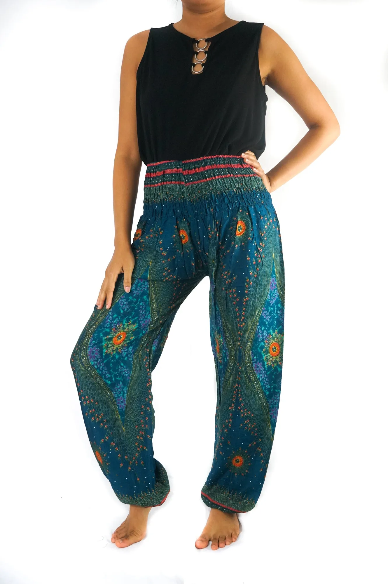 Unisex Bohemian Peacock Feather Plume Harem Pants- Teal Multi