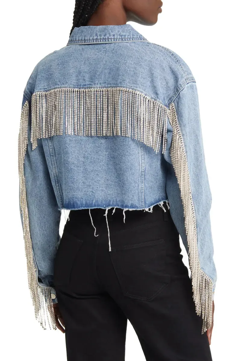 Western Crystal Fringe Vintage Wash Denim Jacket