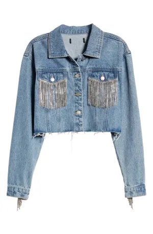 Western Crystal Fringe Vintage Wash Denim Jacket
