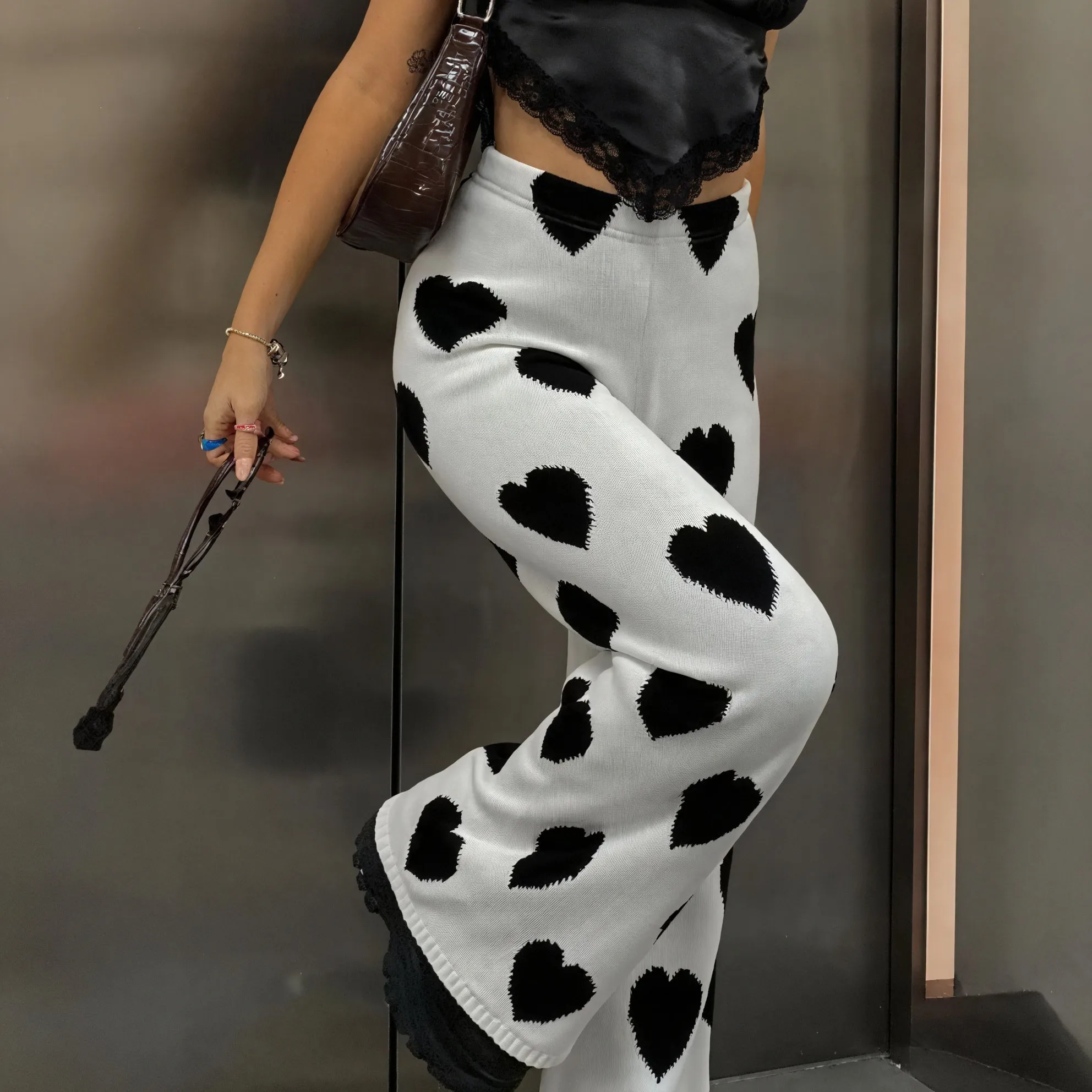 Wide-Leg Knit Pants with Heart Pattern