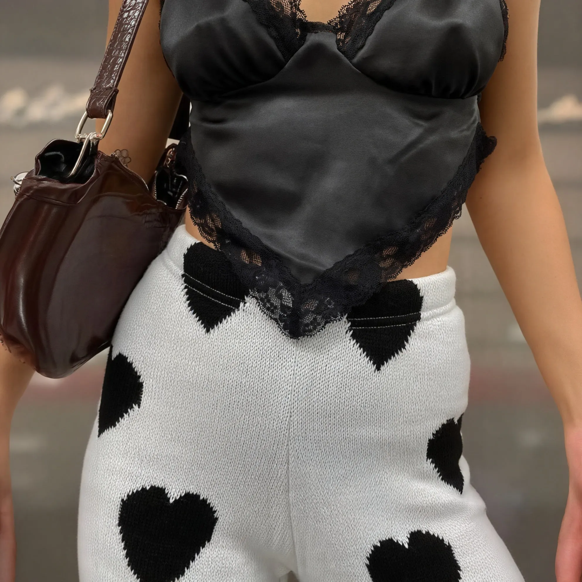 Wide-Leg Knit Pants with Heart Pattern
