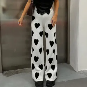 Wide-Leg Knit Pants with Heart Pattern