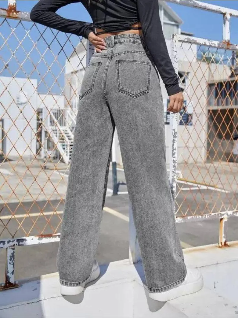 Wide-Waist Stonewash Stretch Denim