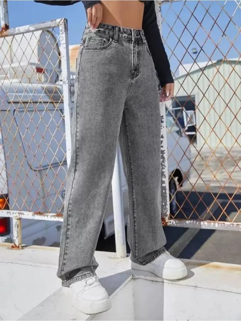 Wide-Waist Stonewash Stretch Denim