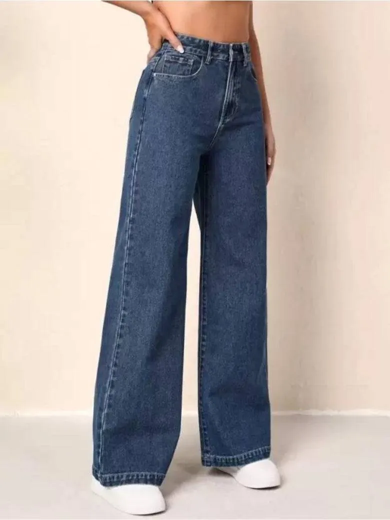 Wide-Waist Stonewash Stretch Denim