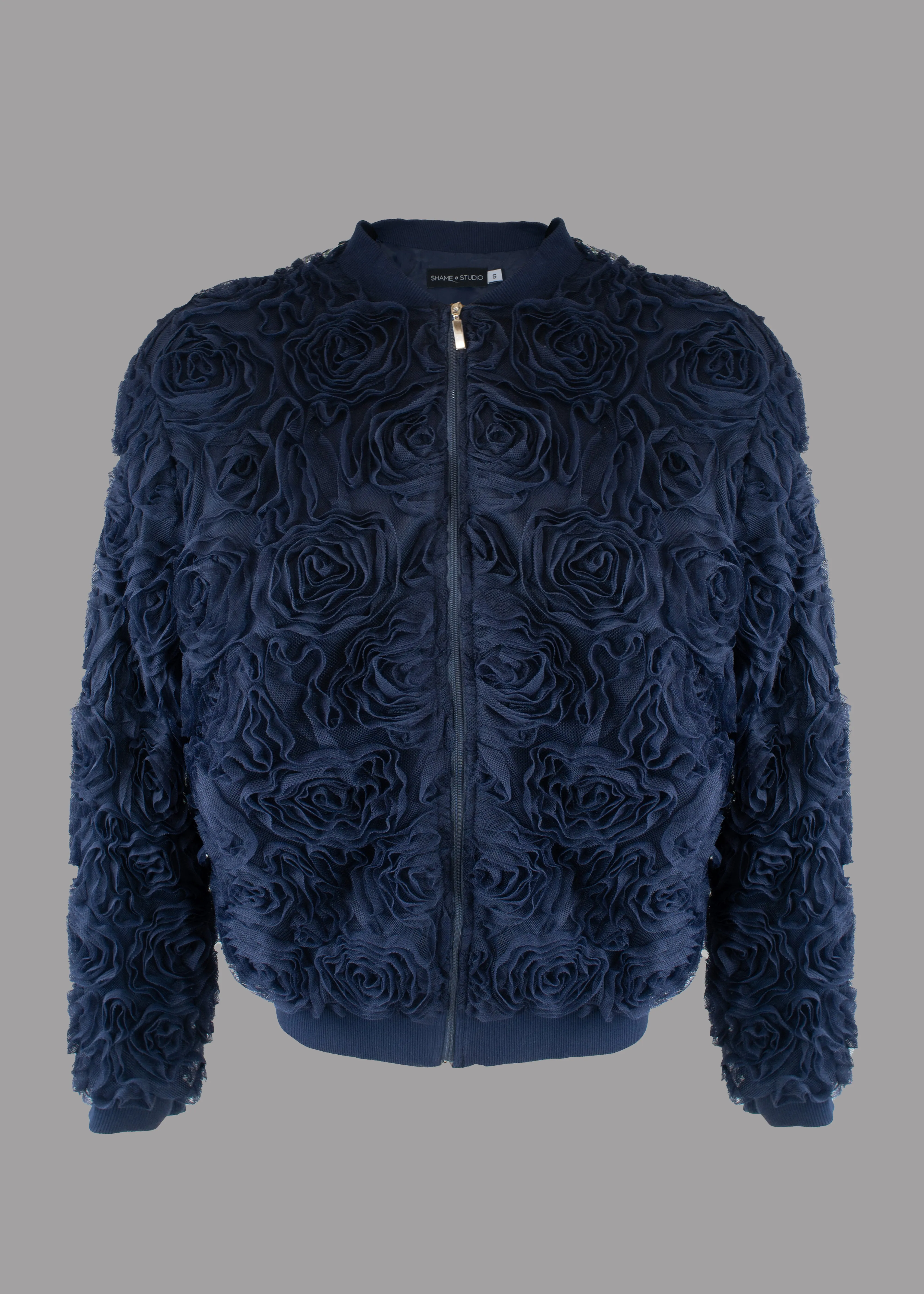 Women navy blue bomber jacket 3D flowers