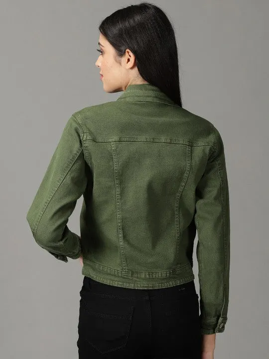 Women Washed Crop Olive Green Denim Jacket