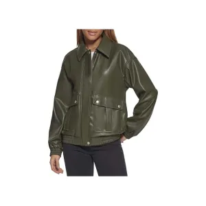 Women™s Green Leather Bomber Jacket - Genuine Leather, Zip Closure