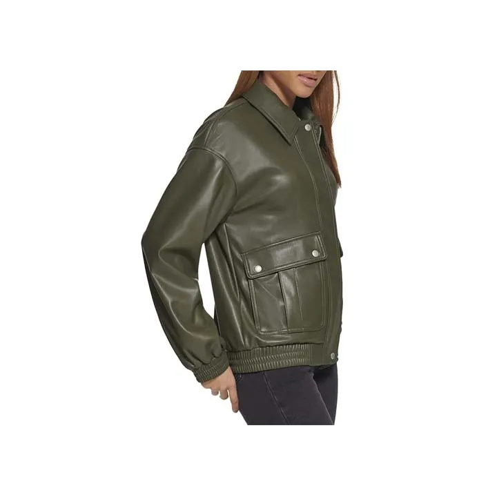 Women™s Green Leather Bomber Jacket - Genuine Leather, Zip Closure