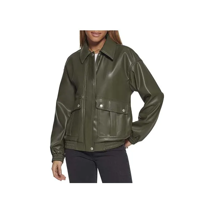 Women™s Green Leather Bomber Jacket - Genuine Leather, Zip Closure