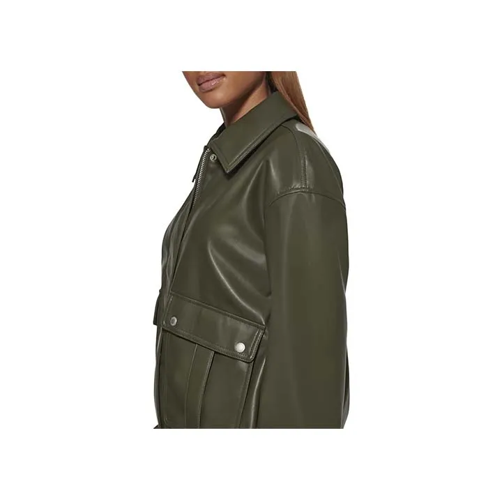 Women™s Green Leather Bomber Jacket - Genuine Leather, Zip Closure