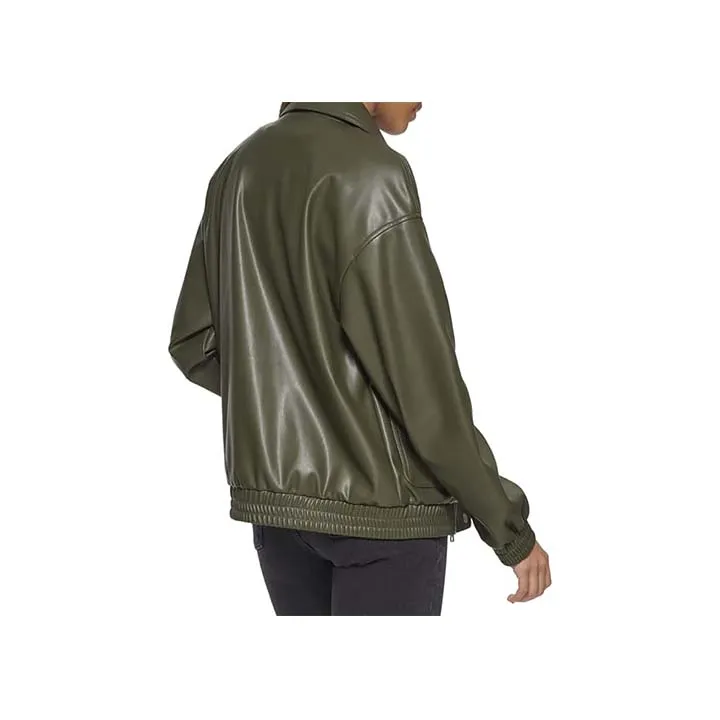 Women™s Green Leather Bomber Jacket - Genuine Leather, Zip Closure