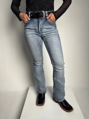 Women's Mid Rise Rose Rhinestone Stretch Bootcut Jeans - Xecondo