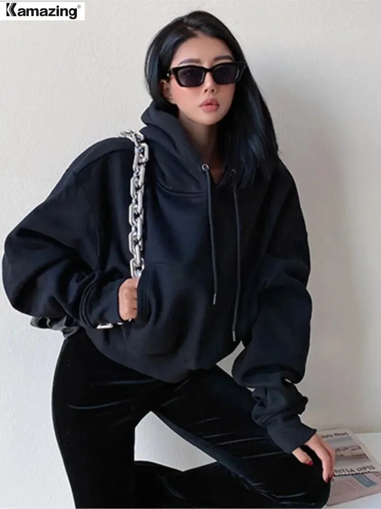 Women's Solid Fleece Hoodie Long Sleeve Cropped Oversized Hoodie Comfy Fleece Hoodie Streetwear Pullover