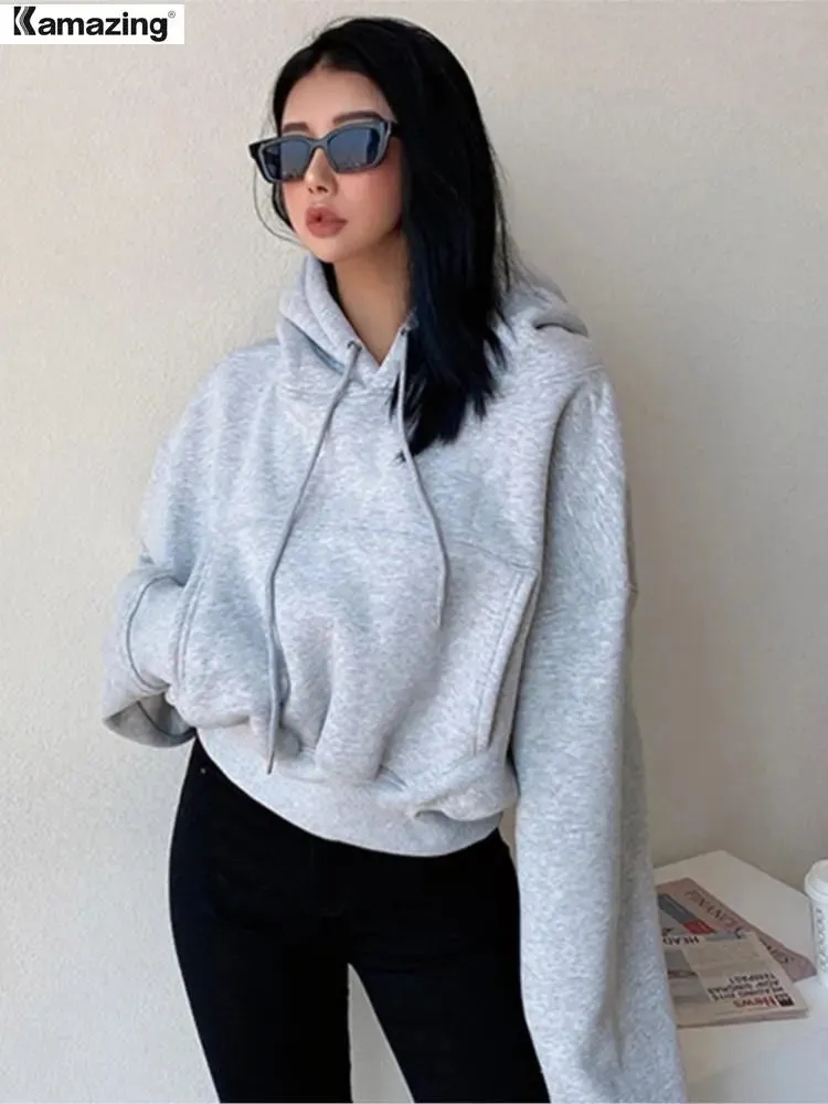 Women's Solid Fleece Hoodie Long Sleeve Cropped Oversized Hoodie Comfy Fleece Hoodie Streetwear Pullover