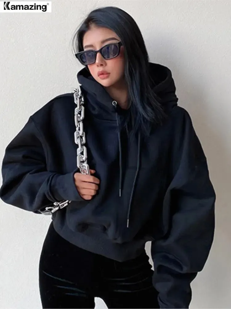 Women's Solid Fleece Hoodie Long Sleeve Cropped Oversized Hoodie Comfy Fleece Hoodie Streetwear Pullover