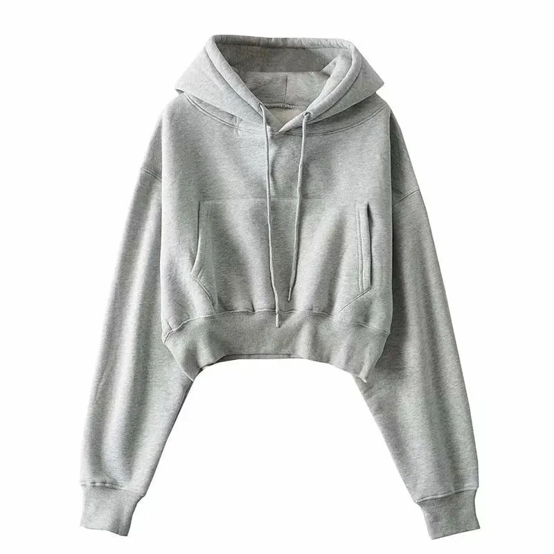Women's Solid Fleece Hoodie Long Sleeve Cropped Oversized Hoodie Comfy Fleece Hoodie Streetwear Pullover