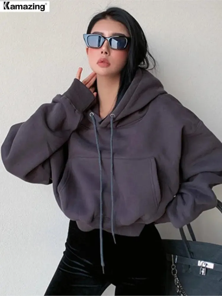 Women's Solid Fleece Hoodie Long Sleeve Cropped Oversized Hoodie Comfy Fleece Hoodie Streetwear Pullover