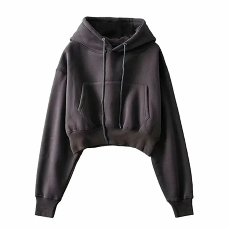 Women's Solid Fleece Hoodie Long Sleeve Cropped Oversized Hoodie Comfy Fleece Hoodie Streetwear Pullover