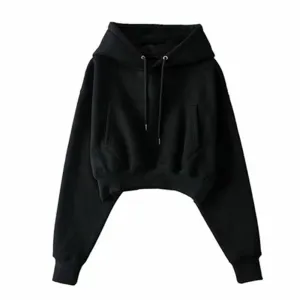 Women's Solid Fleece Hoodie Long Sleeve Cropped Oversized Hoodie Comfy Fleece Hoodie Streetwear Pullover