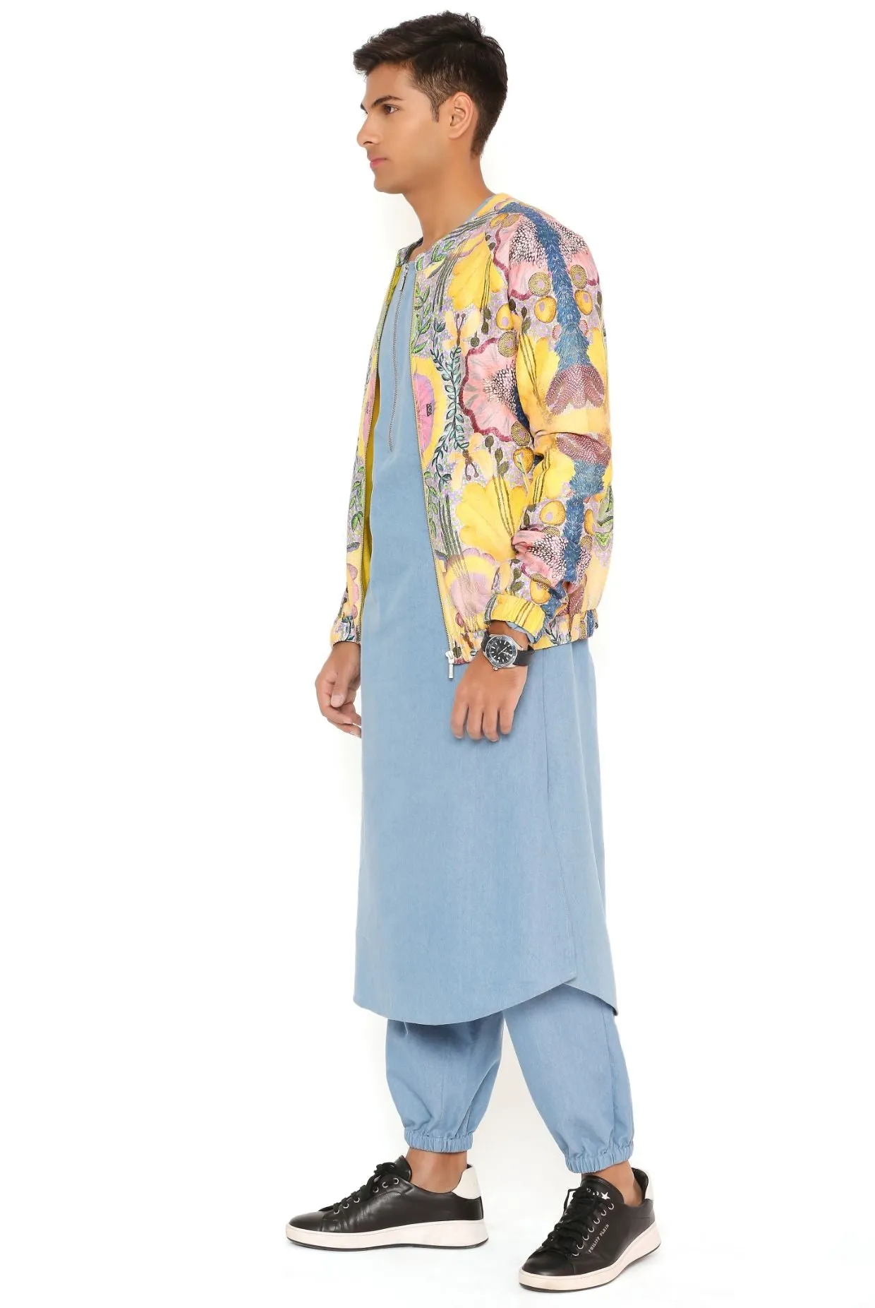 YELLOW ENCHANTED PRINT DUPION SILK BOMBER JACKET WITH BLUE DENIM BOMBER KURTA AND JOGGER PANT
