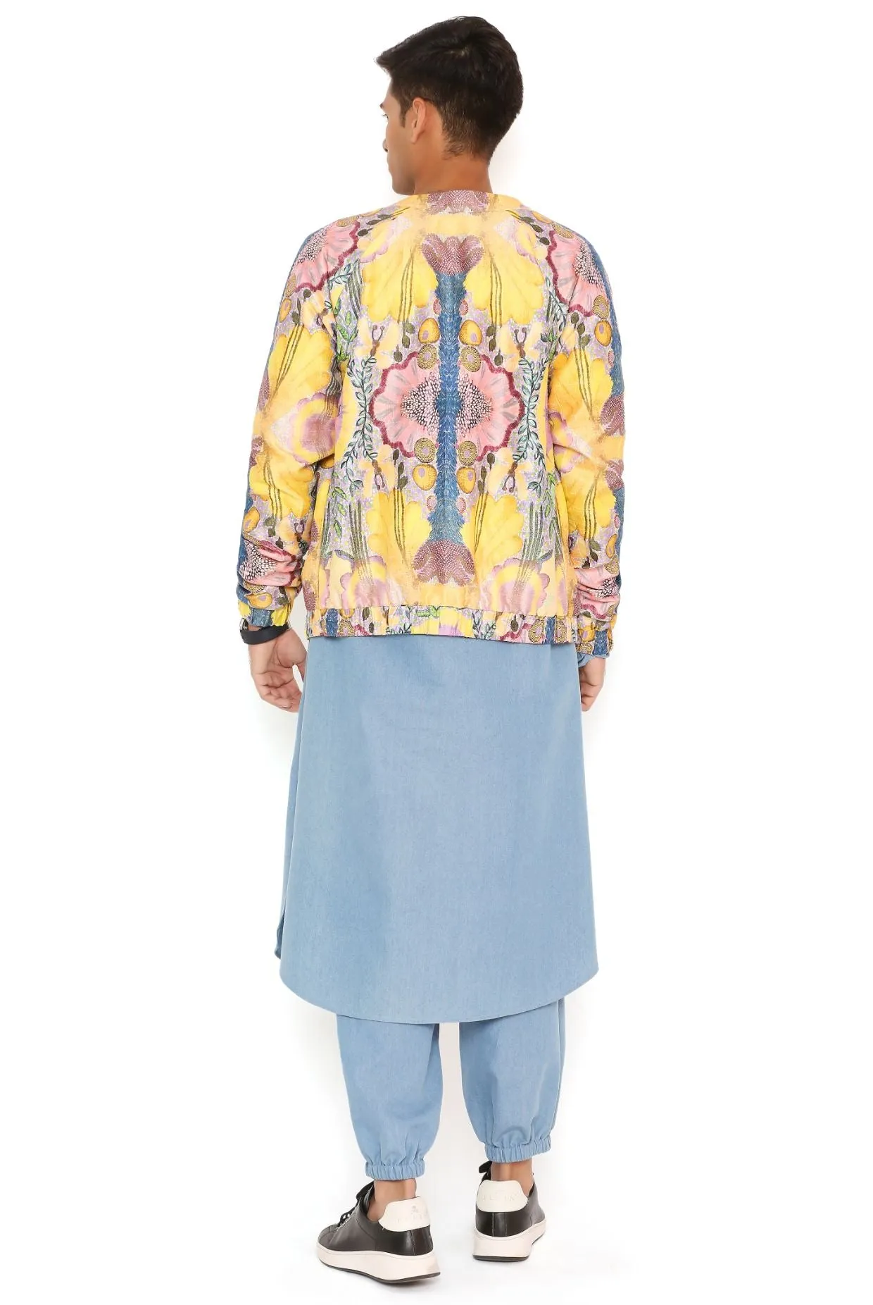 YELLOW ENCHANTED PRINT DUPION SILK BOMBER JACKET WITH BLUE DENIM BOMBER KURTA AND JOGGER PANT