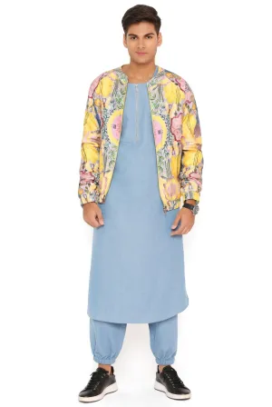 YELLOW ENCHANTED PRINT DUPION SILK BOMBER JACKET WITH BLUE DENIM BOMBER KURTA AND JOGGER PANT