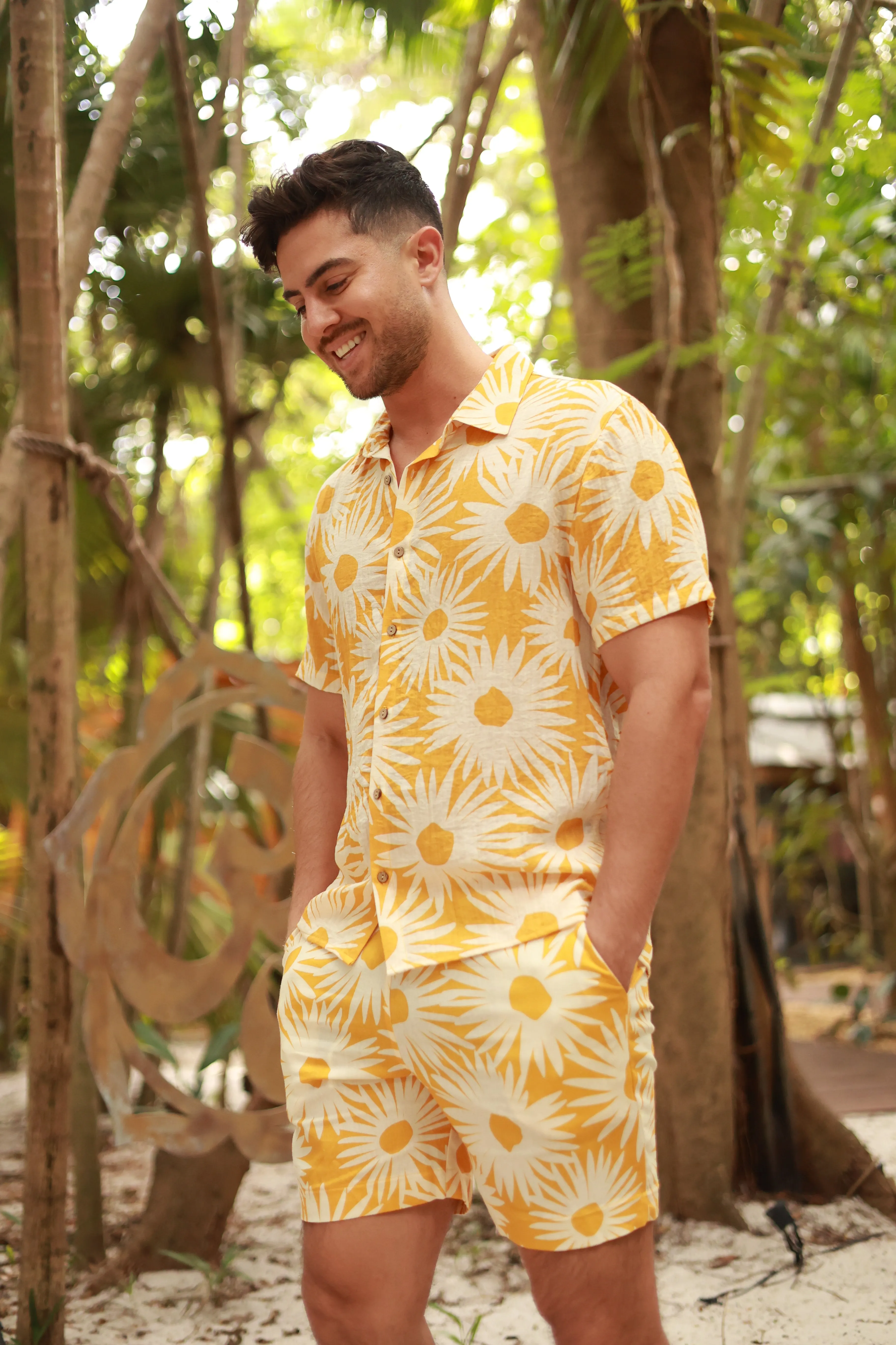 YELLOW LINEN PRINTED SHORTS
