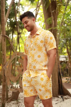 YELLOW LINEN PRINTED SHORTS