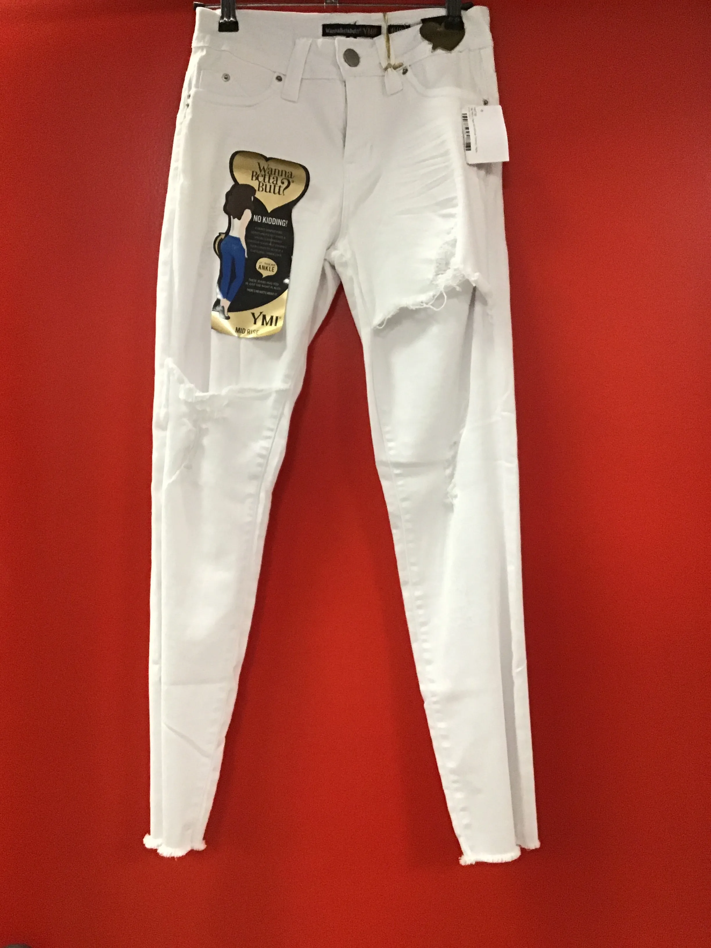 YMI White Jeans W/Fold Over Destruct Skinny, Raw Edge Hem