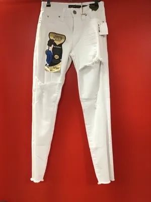YMI White Jeans W/Fold Over Destruct Skinny, Raw Edge Hem