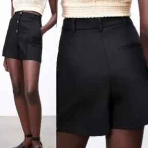 Zara Black Ultra High Waisted Button Fly Loose Leg Pleated Bermuda Shorts M NWT